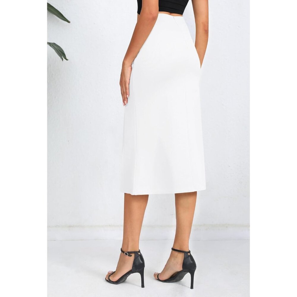 Women's White Stretch Office Fishtail Pencil High Waist Bodycon Slit Midi Skirt - Picture 5 of 6